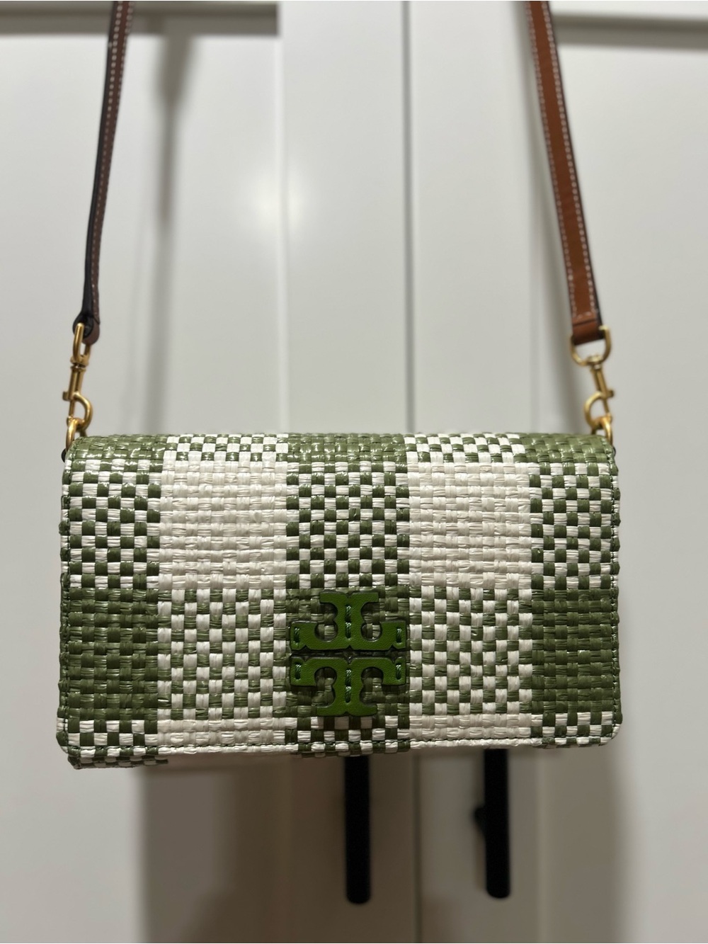 Tory Burch Green and White Woven Crossbody Bag